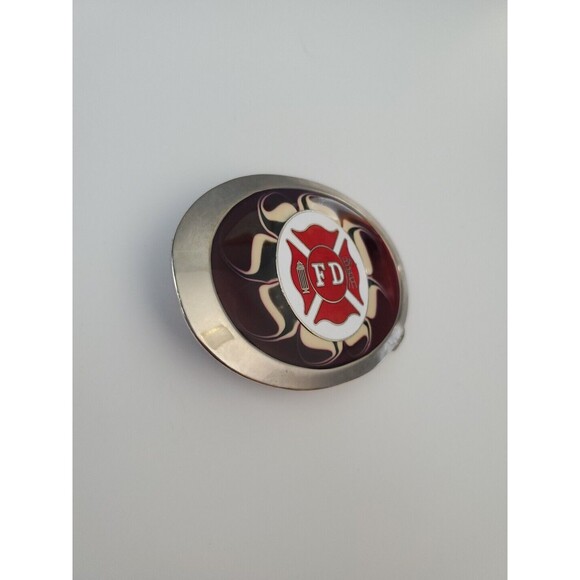 Vintage Silver Tone and Red Oval Fire Department Belt Buckle 2.5 IN Wide - Picture 4 of 7